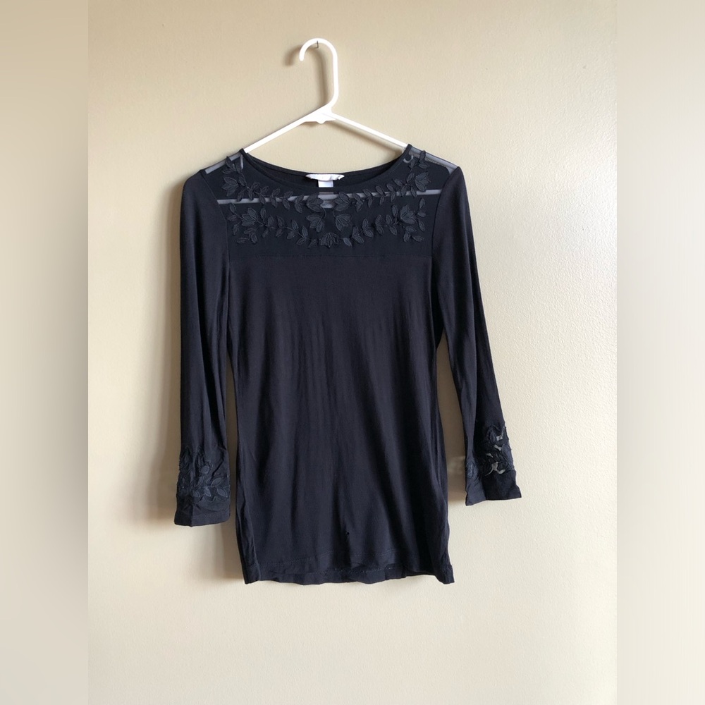 H&M Women Black Floral Mesh Detailing 3/4 Sleeve Top Size Medium